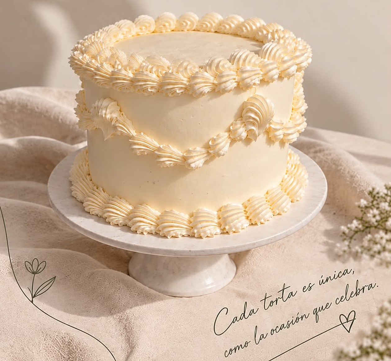 Torta vintage color crema con bordes de merengue sobre un pedestal blanco. Cada torta es única, como la ocasión que celebra.